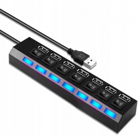 
USB-A šakotuvas su apšviestais jungikliais, 7 prievadų
