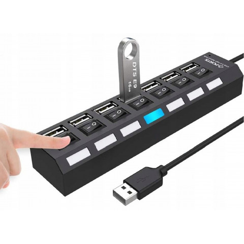 
USB-A šakotuvas su apšviestais jungikliais, 7 prievadų
