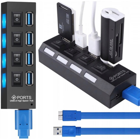 
USB-A šakotuvas su apšviestais jungikliais, 4 prievadai
