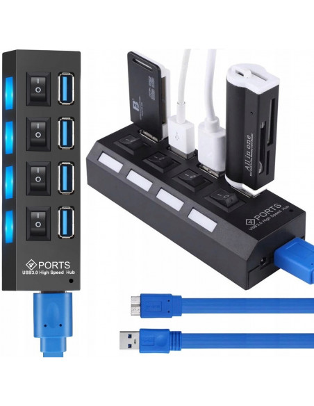 
USB-A šakotuvas su apšviestais jungikliais, 4 prievadai
