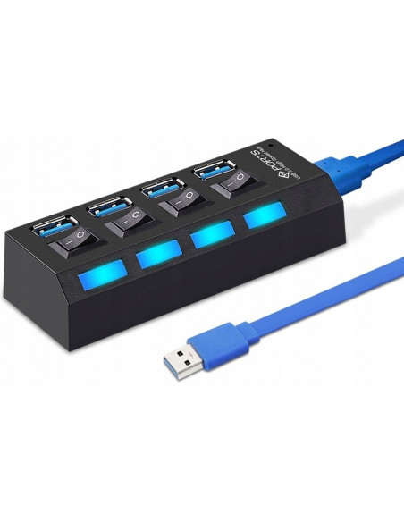 
USB-A šakotuvas su apšviestais jungikliais, 4 prievadai

