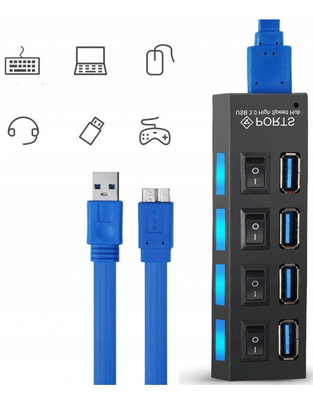 
USB-A šakotuvas su apšviestais jungikliais, 4 prievadai
