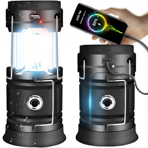 
Įkraunamas saulės energija varomas turistinis žibintas su išorine baterija, sulankstomas, 6 LED
