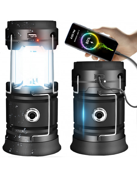 
Įkraunamas saulės energija varomas turistinis žibintas su išorine baterija, sulankstomas, 6 LED
