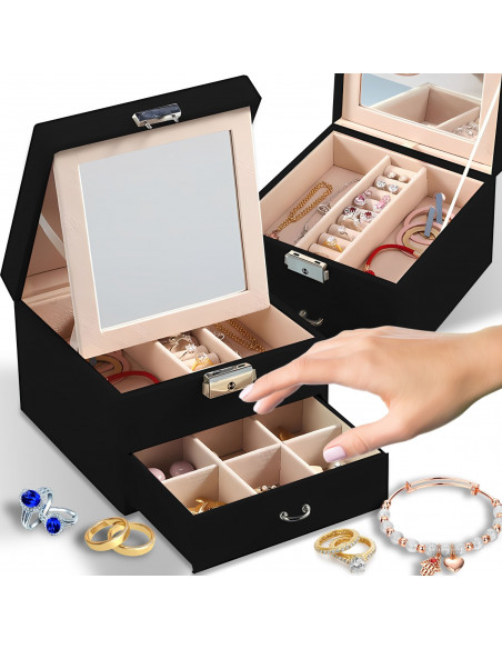 
Papuošalų organizatoriaus dėžutė su veidrodžiu ir stalčiumi - juoda
