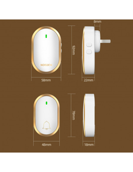 
Belaidis vartų durų skambutis, atsparus vandeniui 300 m – balto aukso spalvos
