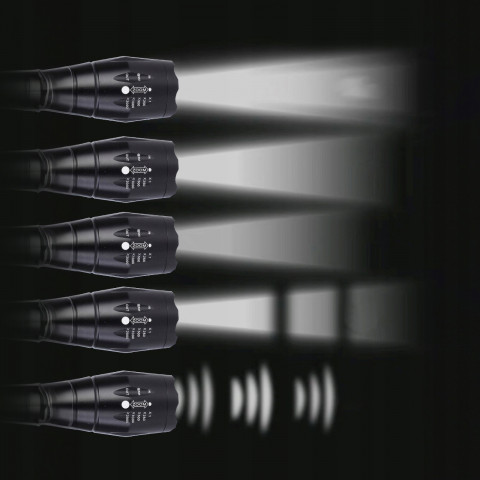 
Įkraunamas taktinis metalinis žibintuvėlis su 5 priartinimo režimais
