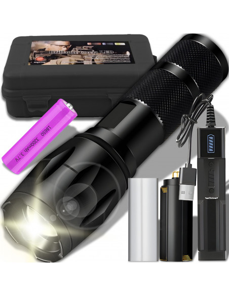 
Įkraunamas taktinis metalinis žibintuvėlis su 5 priartinimo režimais
