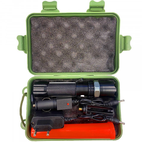 
Įkraunamas taktinis metalinis žibintuvėlis su 5 priartinimo režimais
