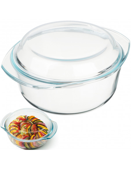 
Apvalus, karščiui atsparus troškintuvas su dangčiu, STIKLINIS, 1,5 l
