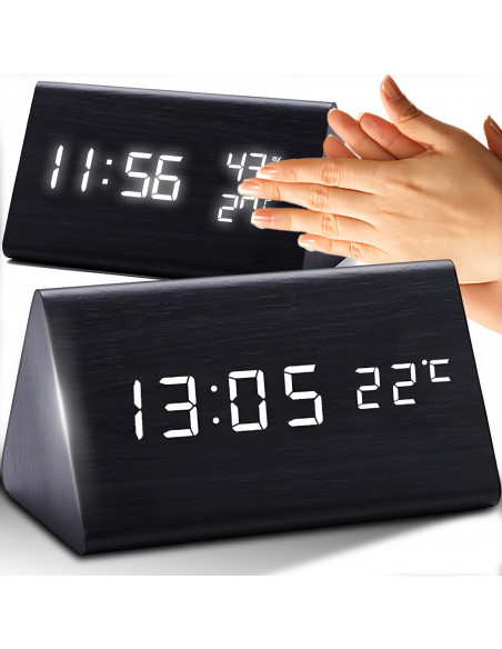 
Skaitmeninis žadintuvas su termometru, drėgmės matuokliu, foniniu apšvietimu, 3 žadintuvais
