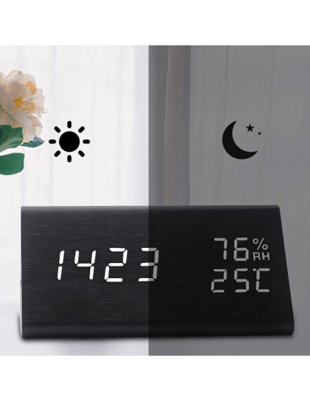 
Skaitmeninis žadintuvas su termometru, drėgmės matuokliu, foniniu apšvietimu, 3 žadintuvais
