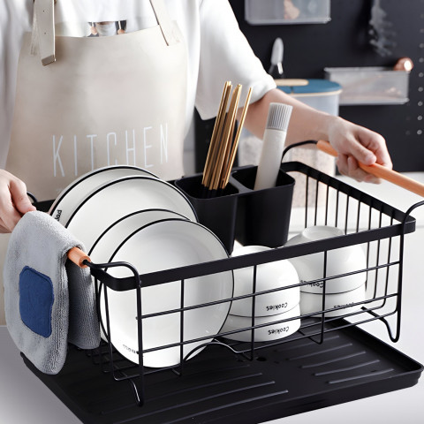 
Metalinis indų džiovyklė su stalo įrankių dėže ir padėklu - juoda
