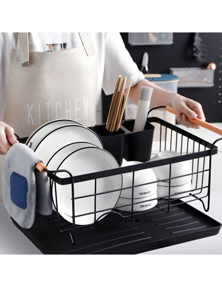 
Metalinis indų džiovyklė su stalo įrankių dėže ir padėklu - juoda
