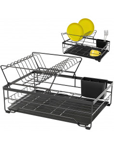 
Dviejų aukštų indų džiovyklė su stalo įrankių dėže ir padėklu – juoda
