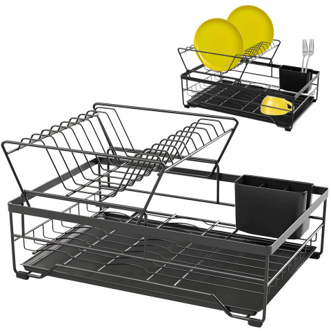 
Dviejų aukštų indų džiovyklė su stalo įrankių dėže ir padėklu – juoda
