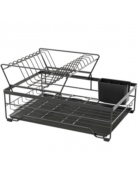 
Dviejų aukštų indų džiovyklė su stalo įrankių dėže ir padėklu – juoda
