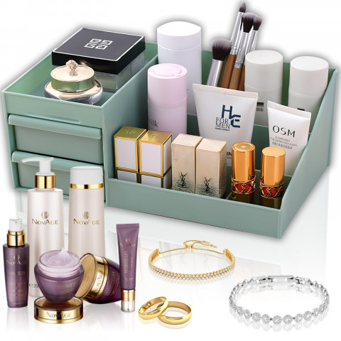 
Vonios kambario organizatorius kosmetikai ir papuošalams, 2 stalčiai, 7 skyriai - žalias
