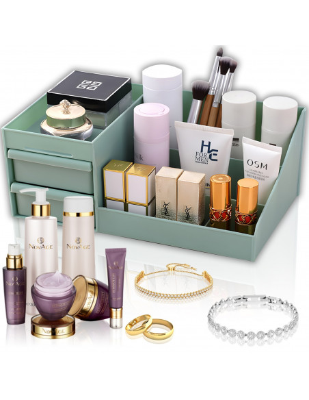 
Vonios kambario organizatorius kosmetikai ir papuošalams, 2 stalčiai, 7 skyriai - žalias
