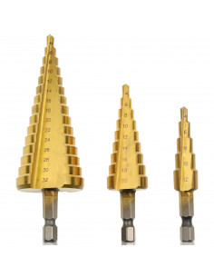 
Laiptuoti kūginiai grąžtai metalui 4-12/ 4-20/ 4-32 mm PLIENUI - 3 vnt.
