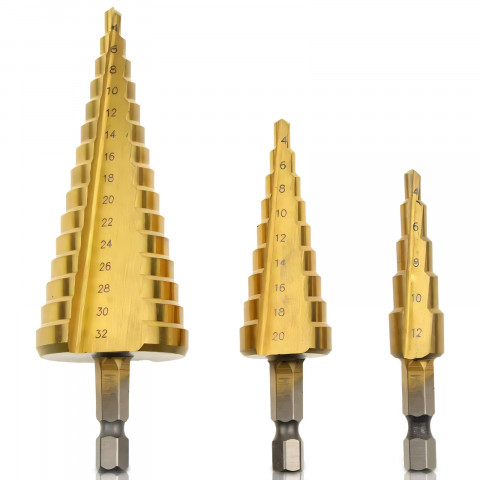 
Laiptuoti kūginiai grąžtai metalui 4-12/ 4-20/ 4-32 mm PLIENUI - 3 vnt.
