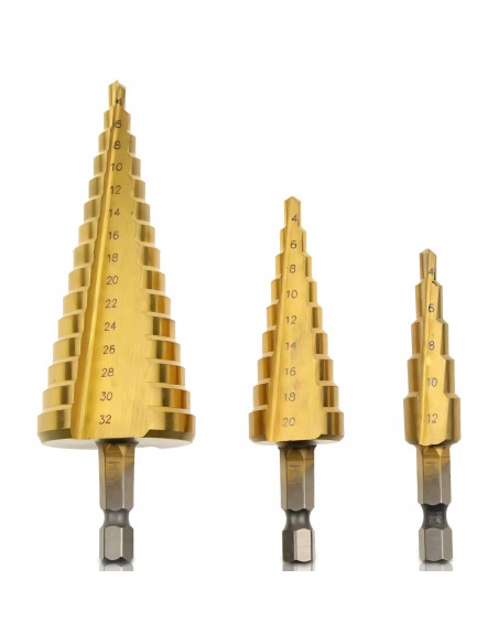 
Laiptuoti kūginiai grąžtai metalui 4-12/ 4-20/ 4-32 mm PLIENUI - 3 vnt.
