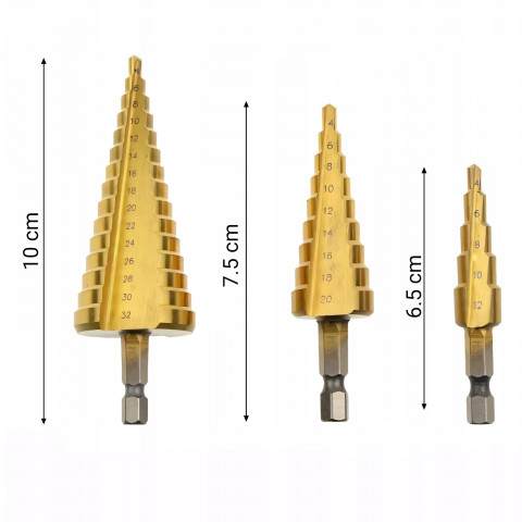 
Laiptuoti kūginiai grąžtai metalui 4-12/ 4-20/ 4-32 mm PLIENUI - 3 vnt.
