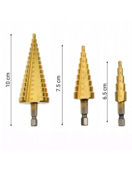
Laiptuoti kūginiai grąžtai metalui 4-12/ 4-20/ 4-32 mm PLIENUI - 3 vnt.

