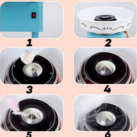 
Naminis cukraus vatos aparatas su pagaliukais ir matavimo puodeliu, mėlynas rinkinys
