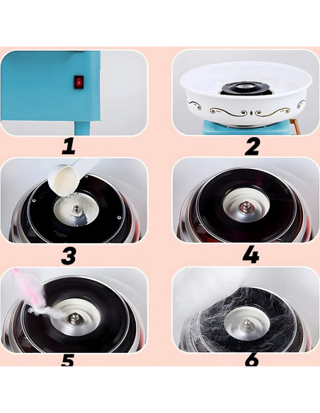 
Naminis cukraus vatos aparatas su pagaliukais ir matavimo puodeliu, mėlynas rinkinys
