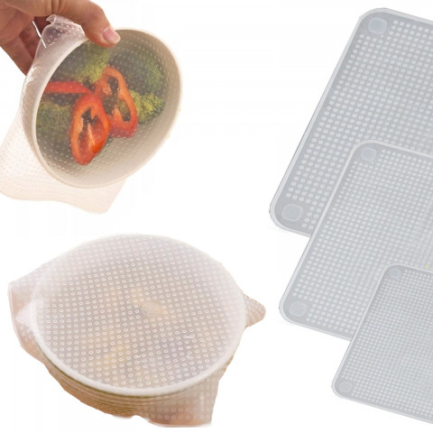 
Universalūs silikoniniai dangteliai maisto indams - 4 vnt.
