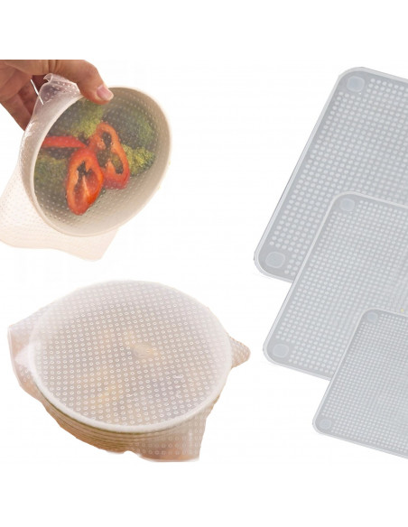 
Universalūs silikoniniai dangteliai maisto indams - 4 vnt.
