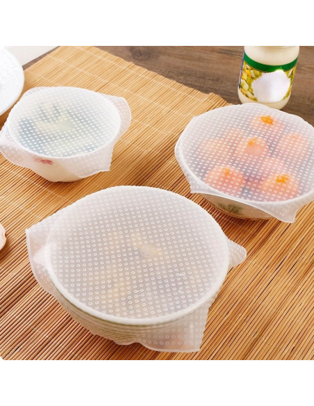 
Universalūs silikoniniai dangteliai maisto indams - 4 vnt.
