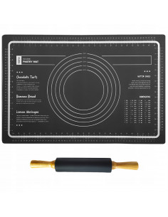 
Kočėlo ir tešlos lentos rinkinys, silikoninis kilimėlis su tešlos skale, 60 x 40 cm - juodas
