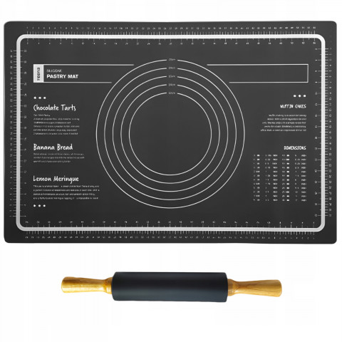 
Kočėlo ir tešlos lentos rinkinys, silikoninis kilimėlis su tešlos skale, 60 x 40 cm - juodas
