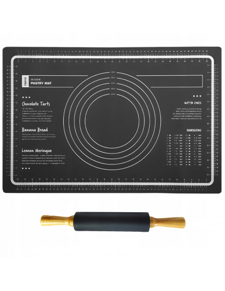 
Kočėlo ir tešlos lentos rinkinys, silikoninis kilimėlis su tešlos skale, 60 x 40 cm - juodas
