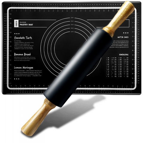 
Kočėlo ir tešlos lentos rinkinys, silikoninis kilimėlis su tešlos skale, 60 x 40 cm - juodas
