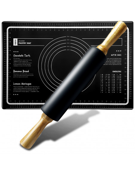 
Kočėlo ir tešlos lentos rinkinys, silikoninis kilimėlis su tešlos skale, 60 x 40 cm - juodas
