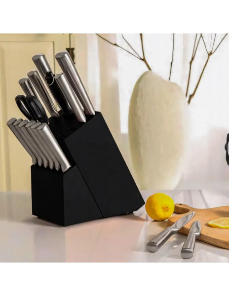 
Plieninių virtuvinių peilių rinkinys bloke - 16 dalių.
