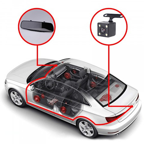 
Automobilinis vaizdo registratorius su galinio vaizdo kamera veidrodyje FULL HD TF
