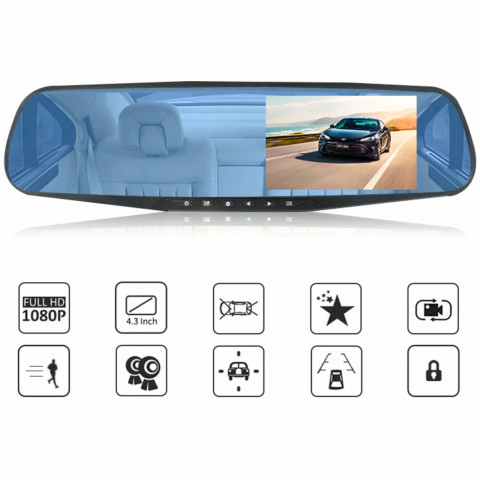 
Automobilinis vaizdo registratorius su galinio vaizdo kamera veidrodyje FULL HD TF
