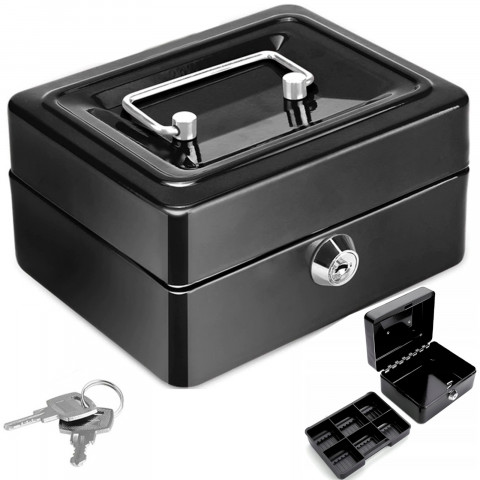 
Metalinė monetų dėžutė su rakto spyna 15 x 12 x 8 cm - juoda
