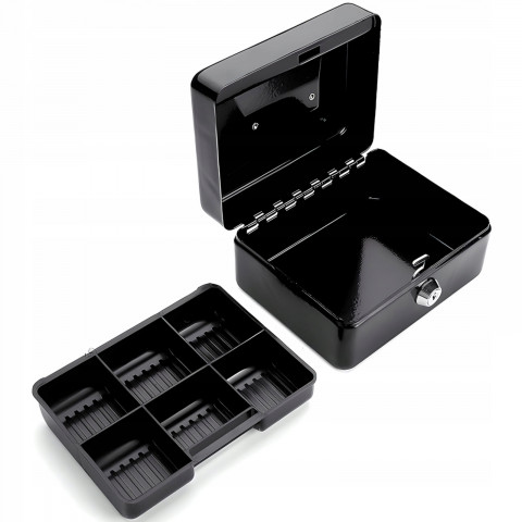 
Metalinė monetų dėžutė su rakto spyna 15 x 12 x 8 cm - juoda
