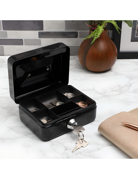 
Metalinė monetų dėžutė su rakto spyna 15 x 12 x 8 cm - juoda
