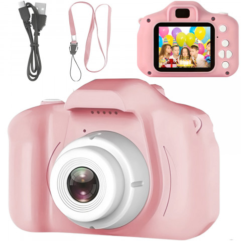 
Vaikiškas skaitmeninis fotoaparatas su 5 žaidimais, 2 colių, su „MicroSD“ kortele – rožinis
