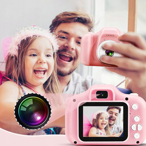 
Vaikiškas skaitmeninis fotoaparatas su 5 žaidimais, 2 colių, su „MicroSD“ kortele – rožinis
