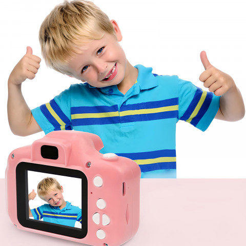 
Vaikiškas skaitmeninis fotoaparatas su 5 žaidimais, 2 colių, su „MicroSD“ kortele – rožinis
