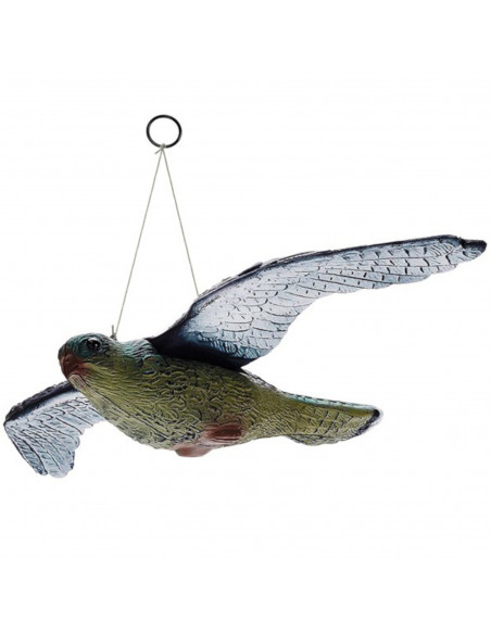 
Balandžių paukščių baidyklė kabo balkone, vanagas sakalas skrydžio metu
