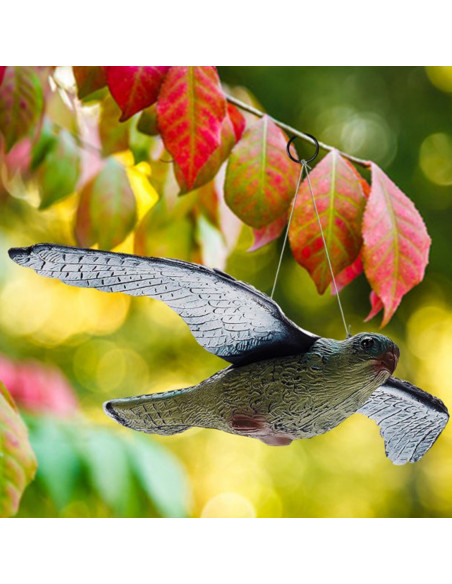 
Balandžių paukščių baidyklė kabo balkone, vanagas sakalas skrydžio metu
