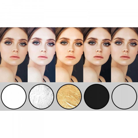 
Apvalus 5 viename fotoatšvaitas, aukso, sidabro, baltos spalvos, sulankstomas, 60 cm skersmens
